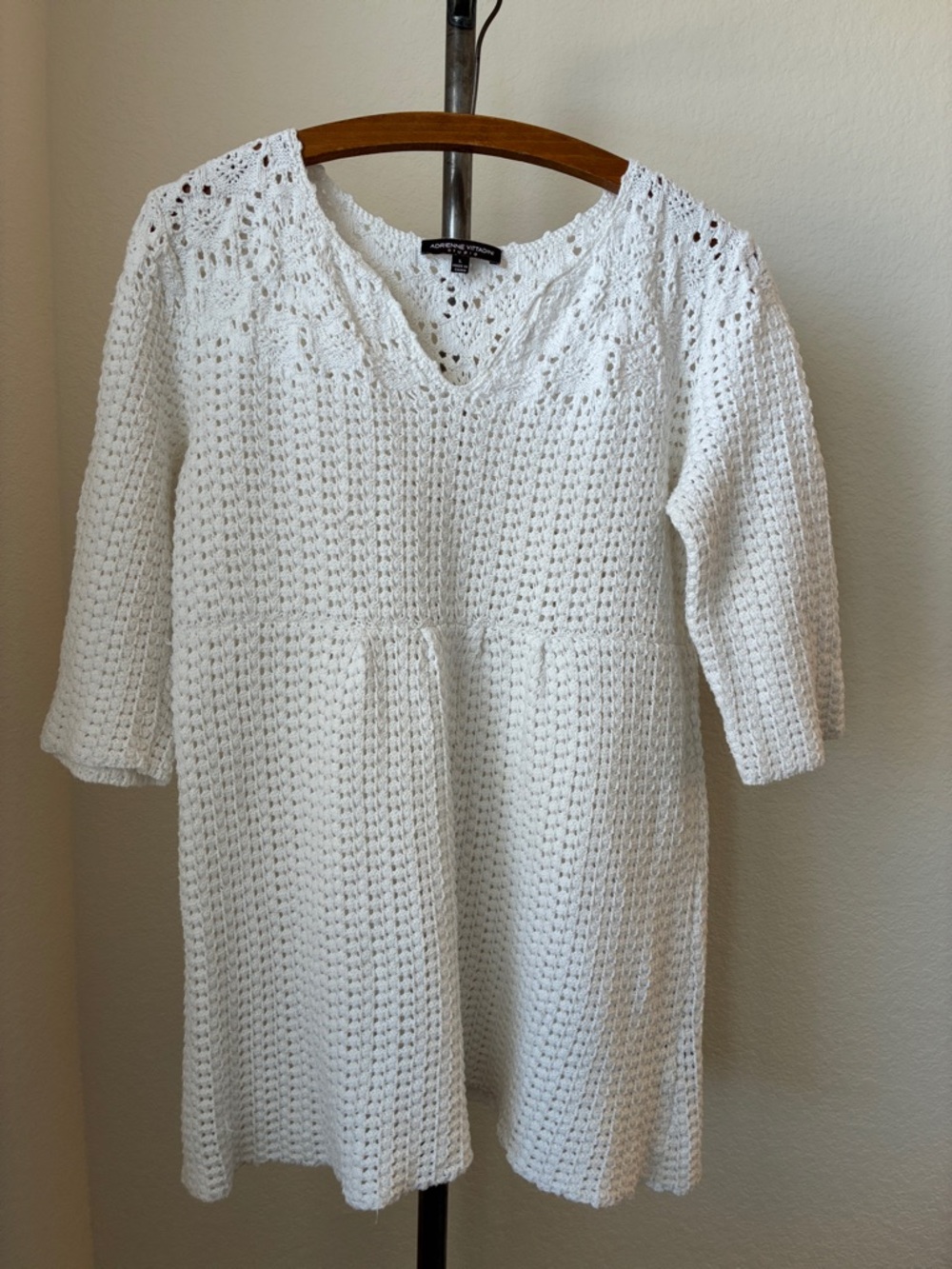 Adrienne Vittadini Studio White sz L Crocheted Tunic Sweater Empire Waist Cotton